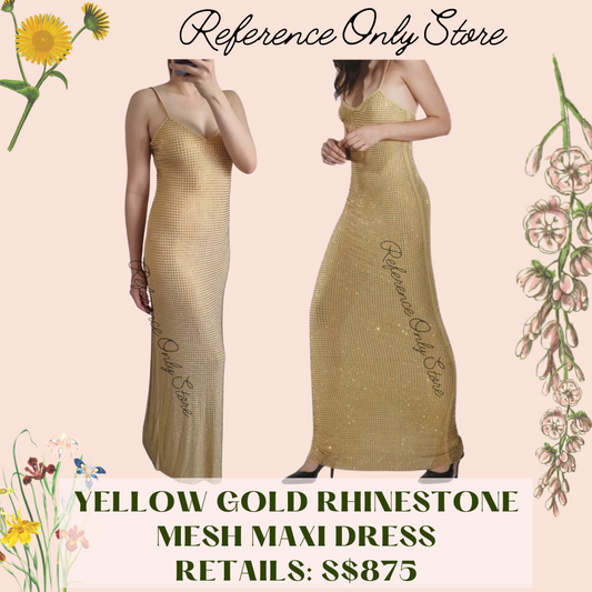 SP Yellow Gold Rhinestone mesh maxi dress gown