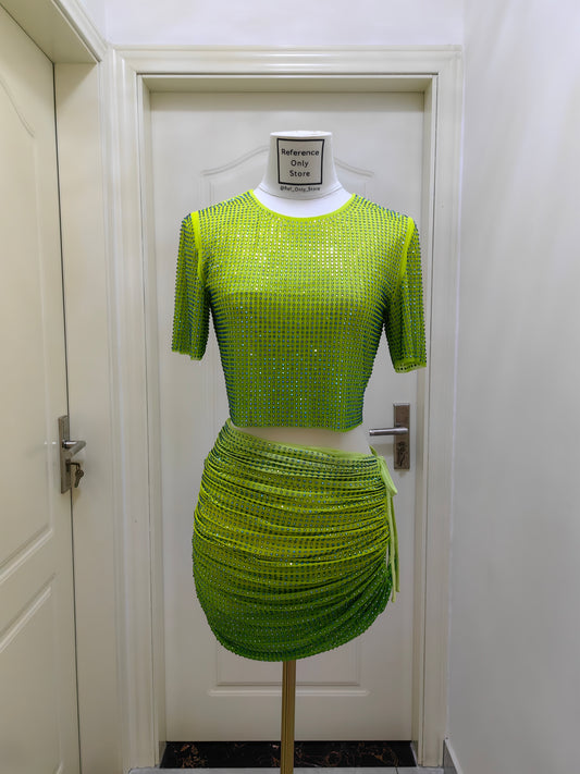 SP green rhinestone mesh cropped top | mini Skirt