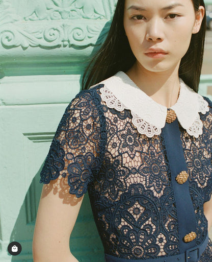 SP Navy Floral Guipure Lace Collar Midi Dress