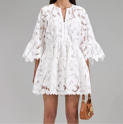 SP White Cotton Lace Wide Sleeve Mini Dress