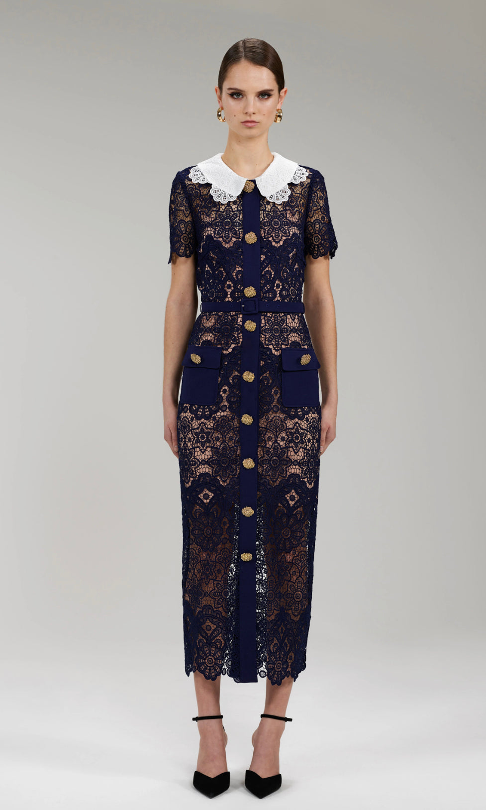 SP Navy Floral Guipure Lace Collar Midi Dress