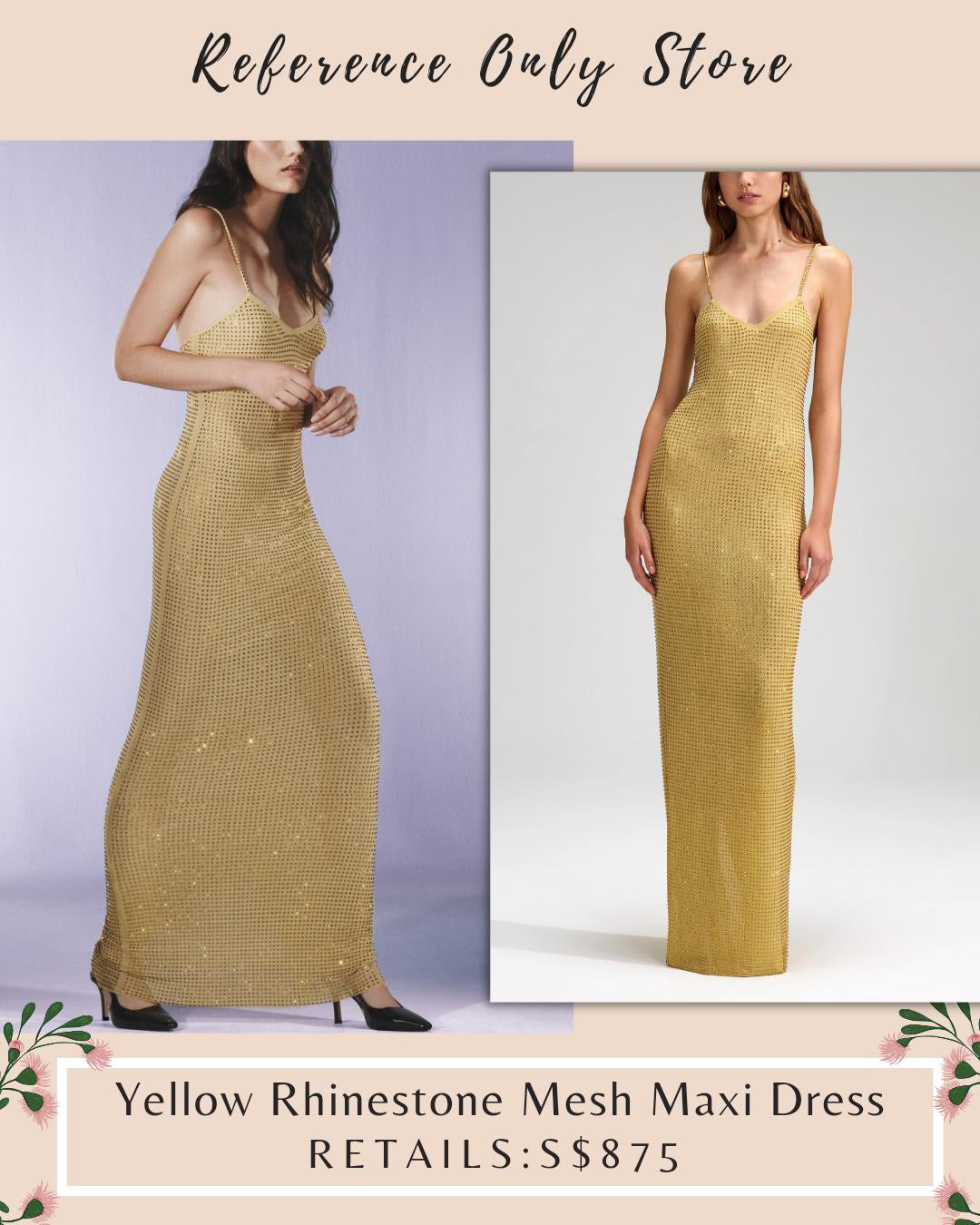 SP Yellow Gold Rhinestone mesh maxi dress gown